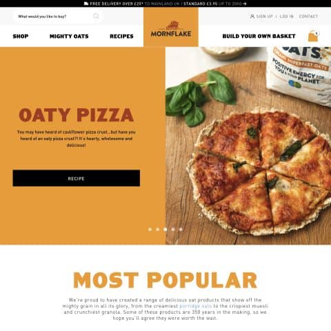 Mornflake wesite home page, showing an Oaty Pizza recipe